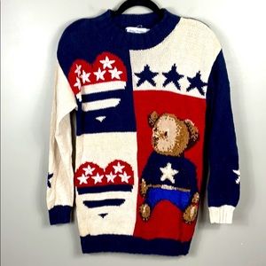 Vintage 80’s Americana Hand knit Teddy Sweater m